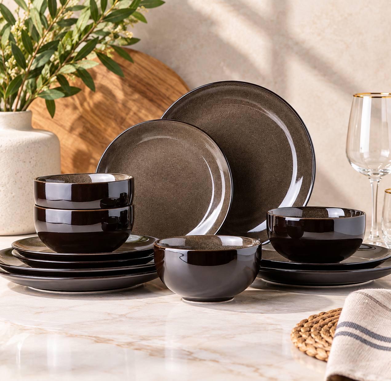 12-Piece Ceramic Dinnerware Set for 4, Reactive Glaze Brown Stoneware Plates and Bowls - Image 4