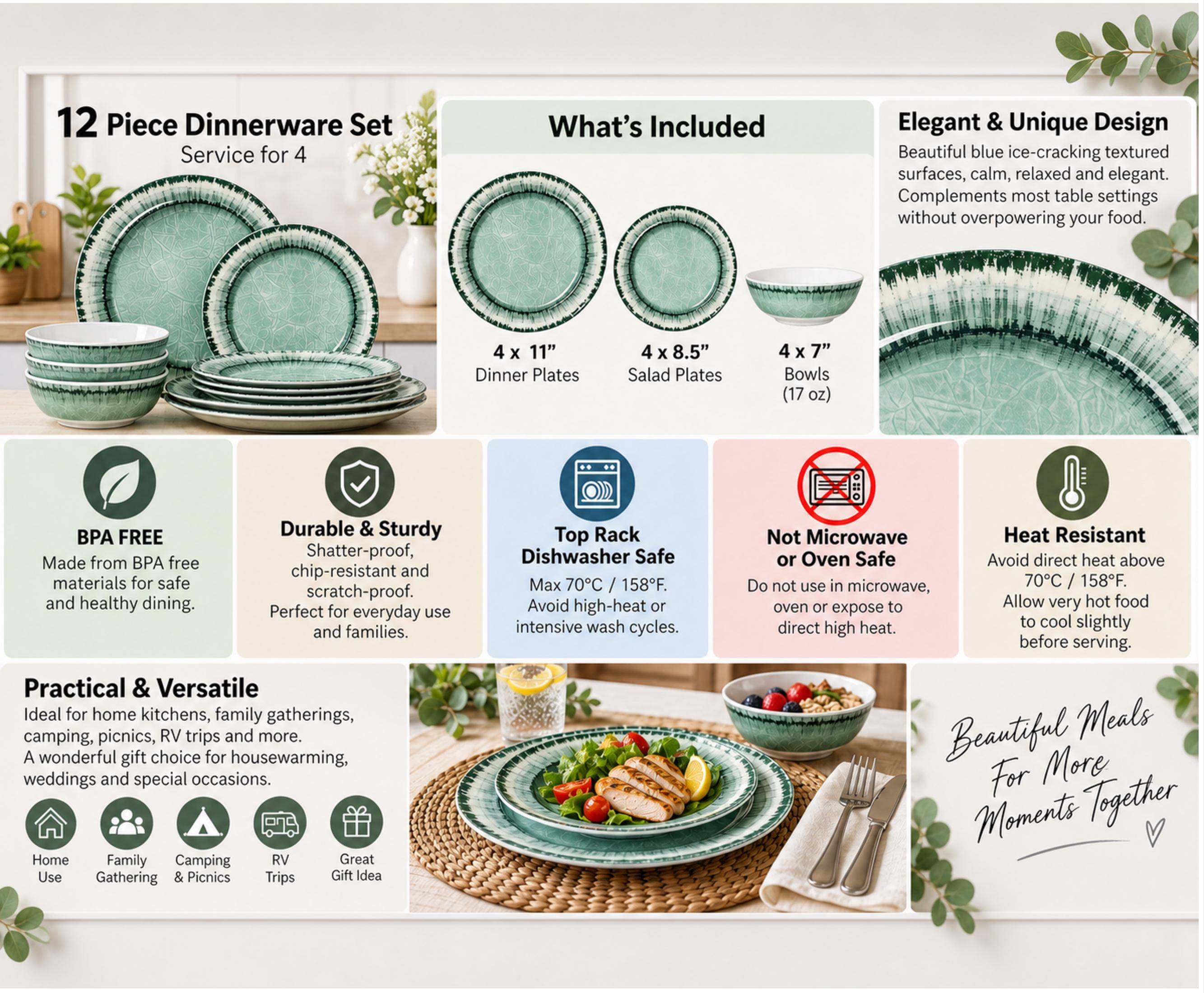 Sage Green Melamine Dinnerware Set for 4, 12-Piece Plates and Bowls Set, Cracked-Ice Style Camping and RV Dishes - Image 6