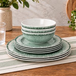 Sage Green Melamine Dinnerware Set for 4, 12-Piece Plates and Bowls Set, Cracked-Ice Style Camping and RV Dishes
