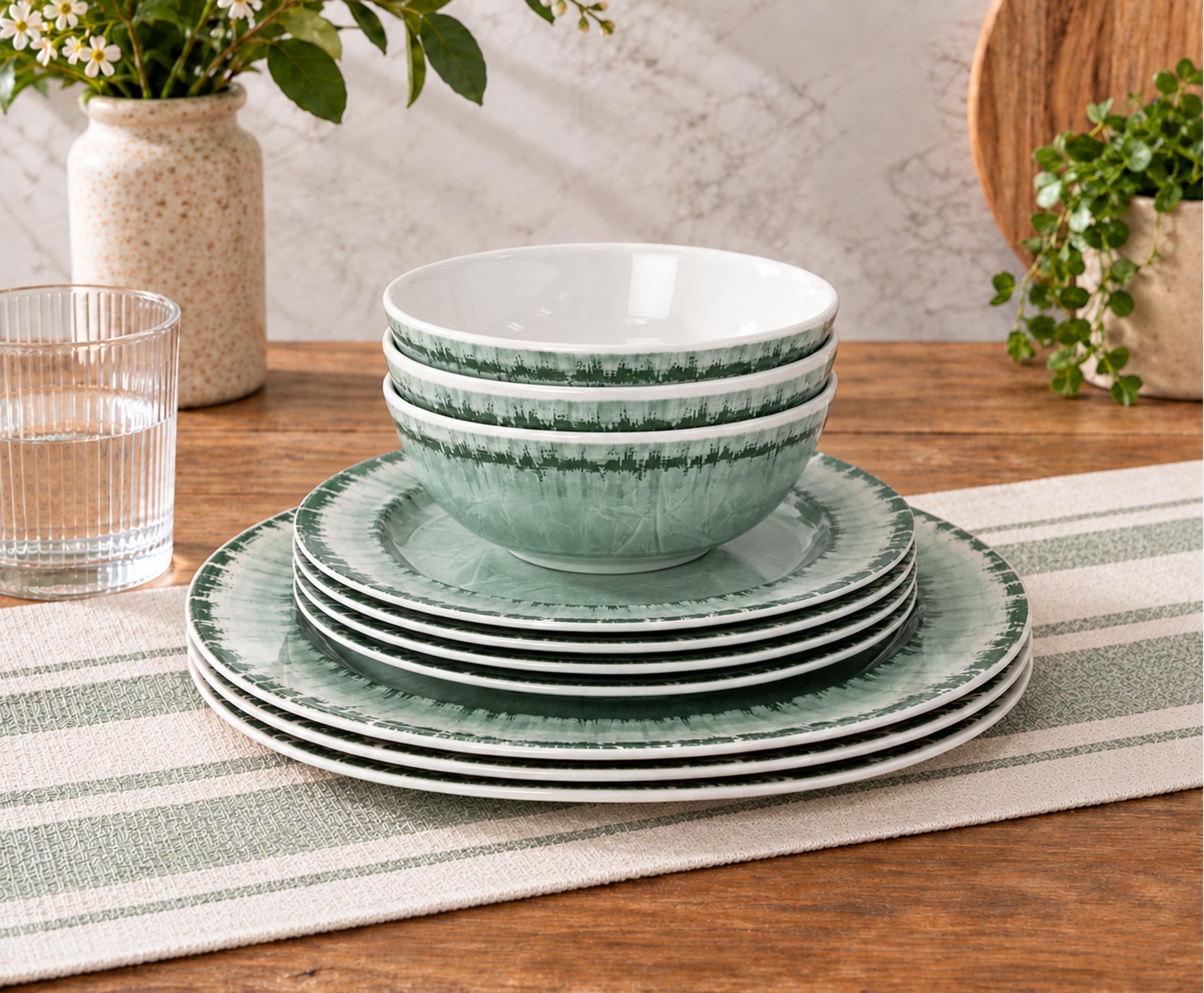 Sage Green Melamine Dinnerware Set for 4, 12-Piece Plates and Bowls Set, Cracked-Ice Style Camping and RV Dishes