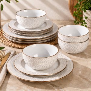 White Stoneware Dinnerware Set for 6, 18-Piece Embossed Ceramic Plates and Bowls, Modern Pearl White Dish Set