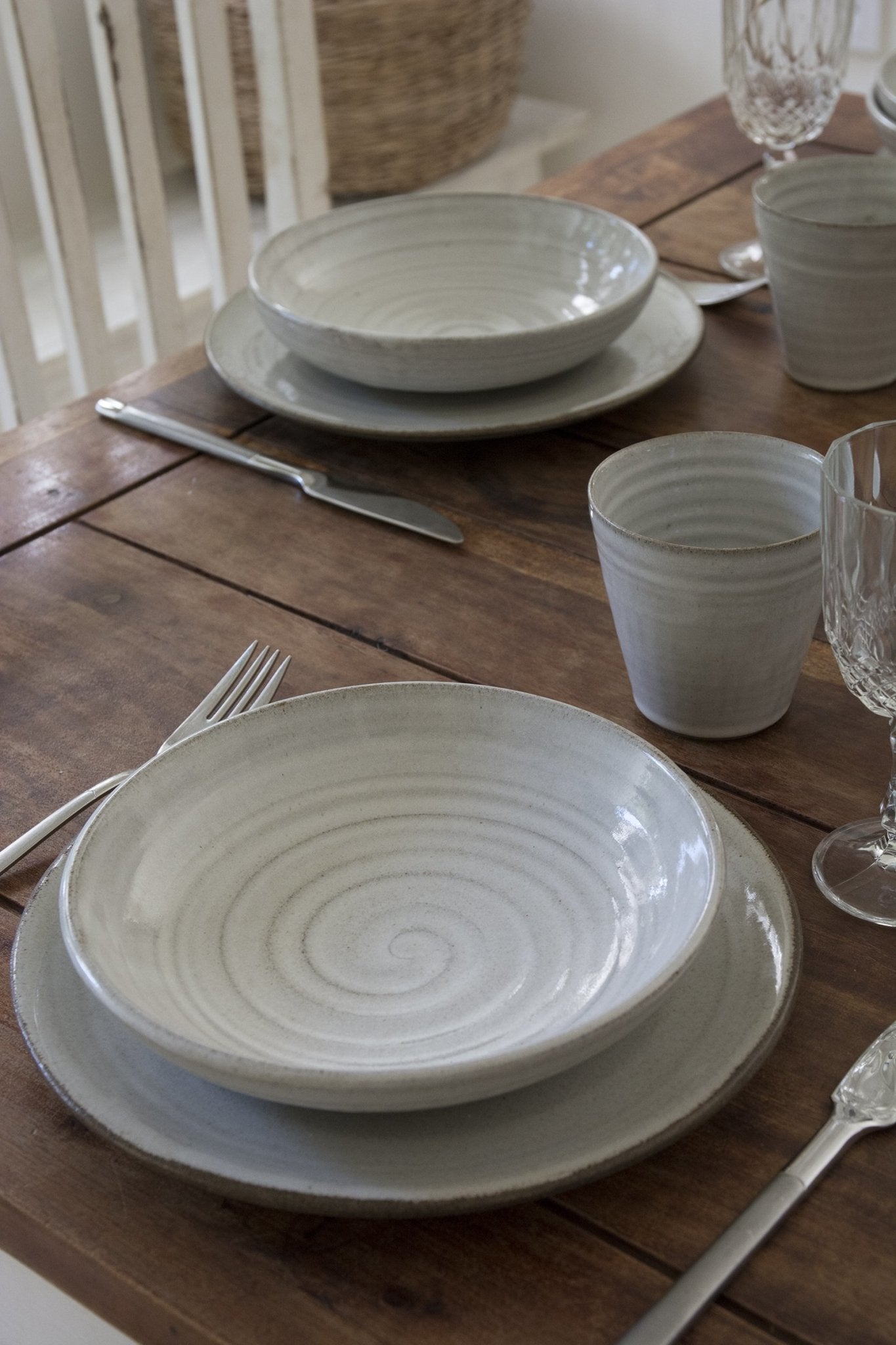 Set of Four White Pottery Pasta Bowls