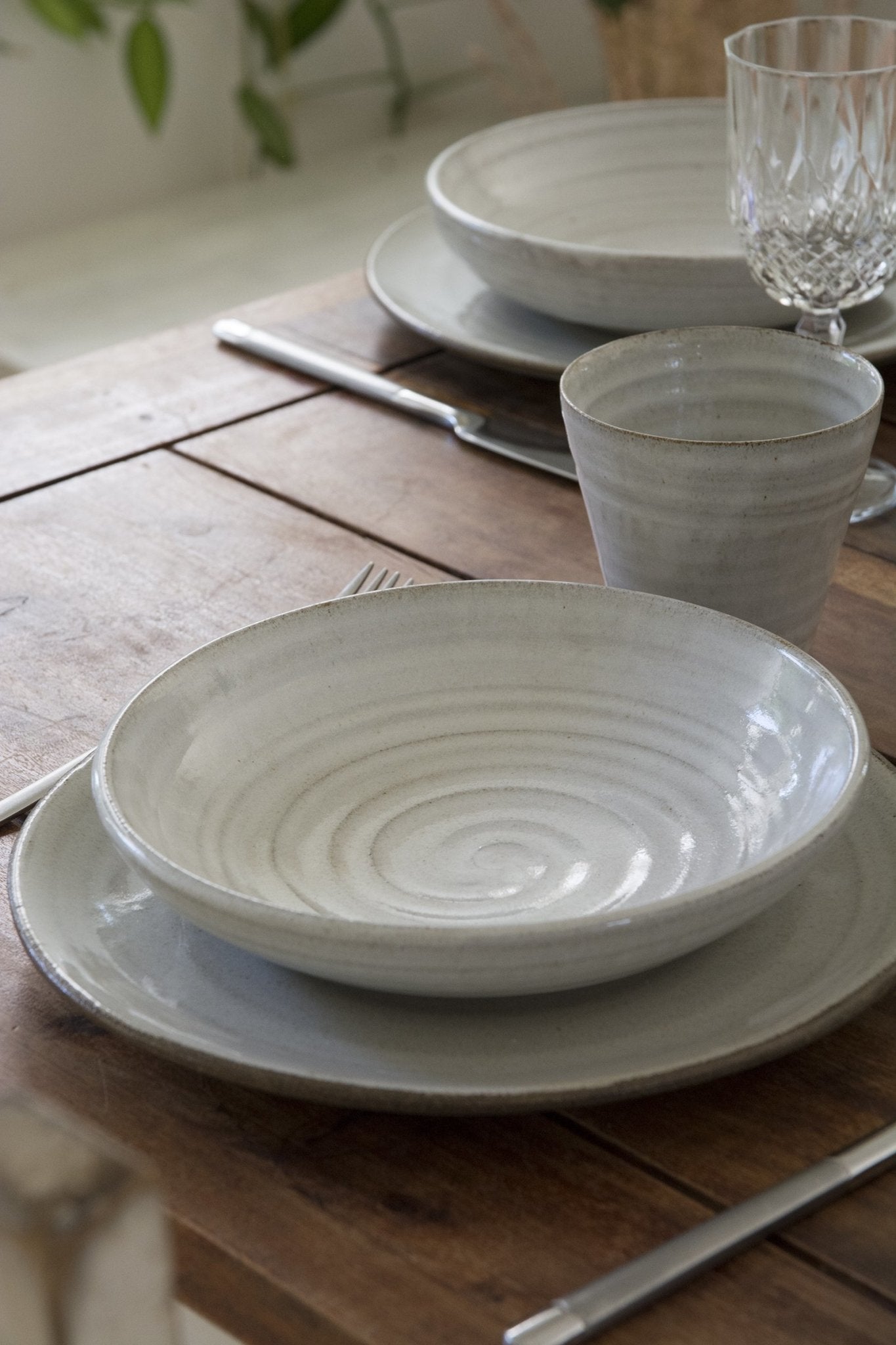 Set of Four White Pottery Pasta Bowls