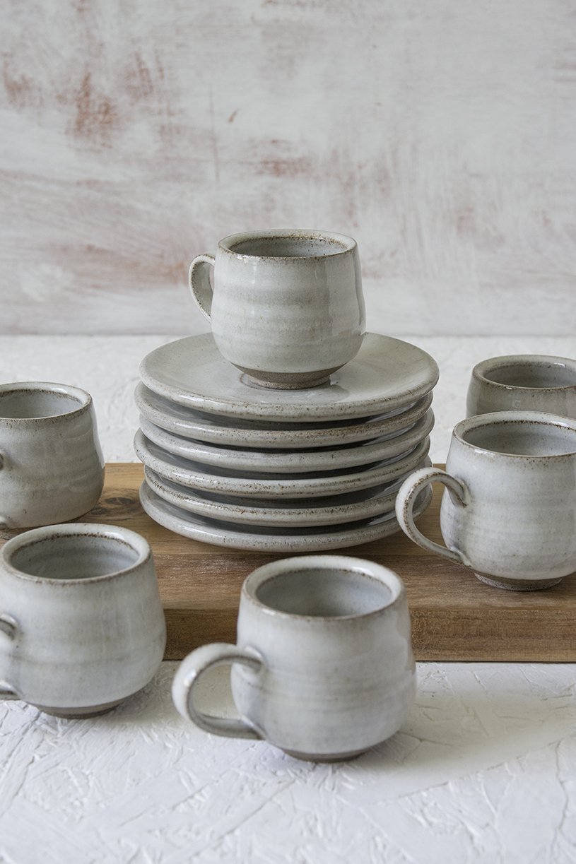 Set of 6 Pottery Espresso Cups with Saucers