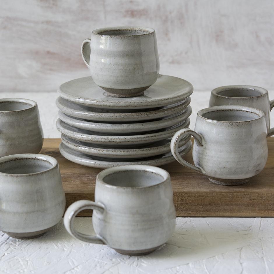 Set of 6 Pottery Espresso Cups with Saucers