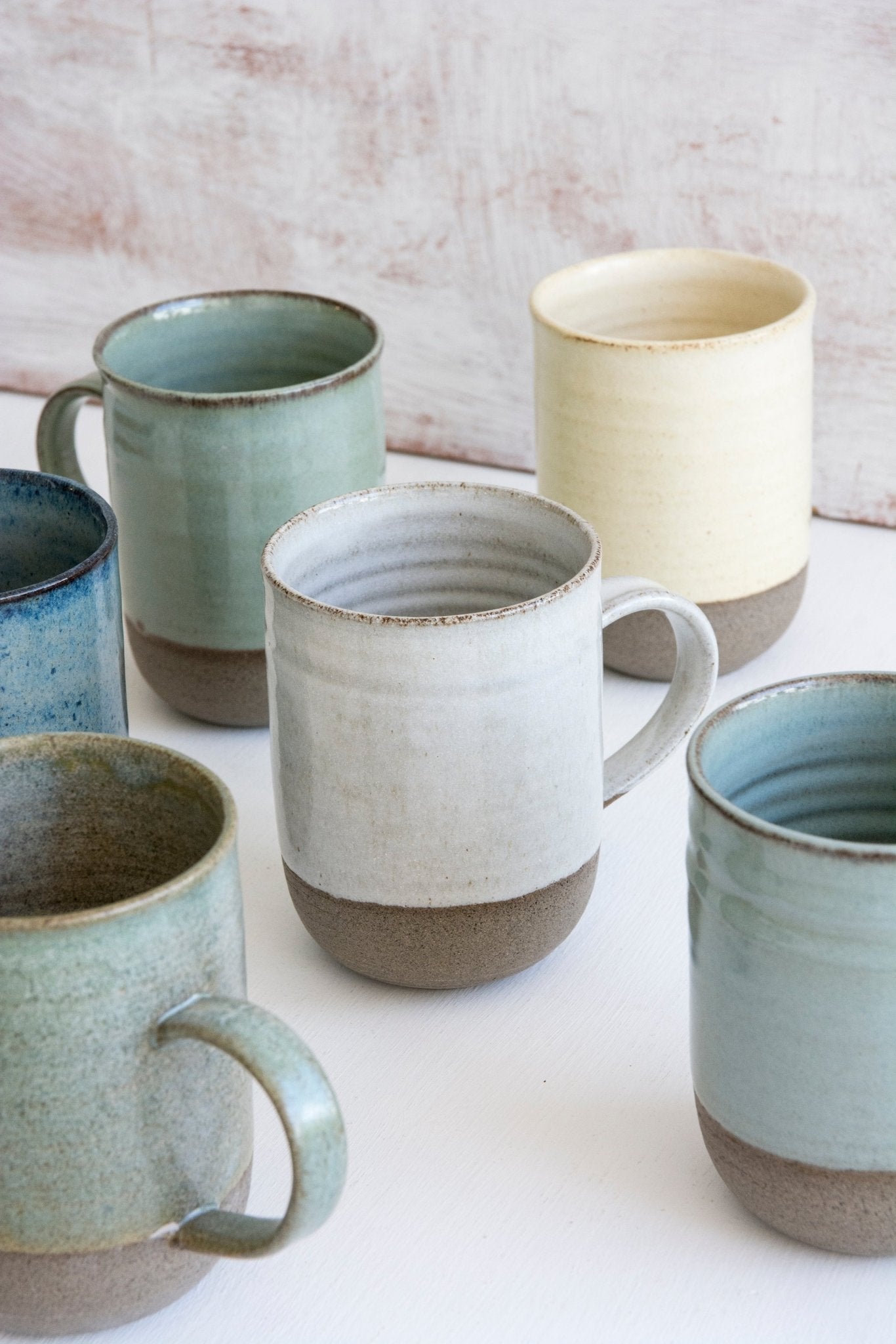 Set of Six Colorful Pottery Coffee Mugs