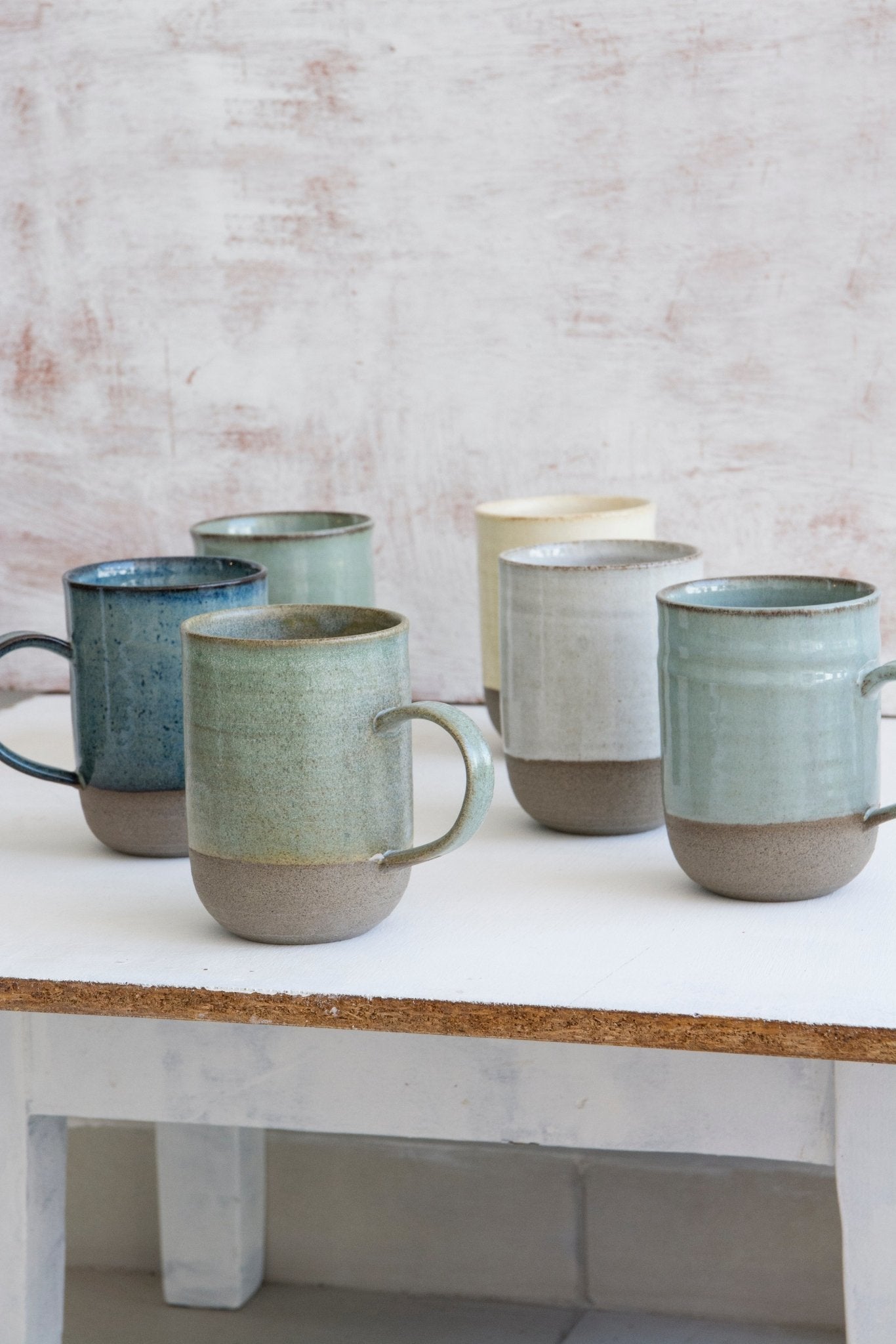 Set of Six Colorful Pottery Coffee Mugs
