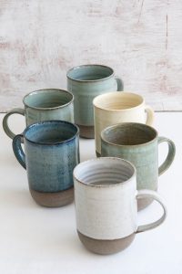Set of Six Colorful Pottery Coffee Mugs