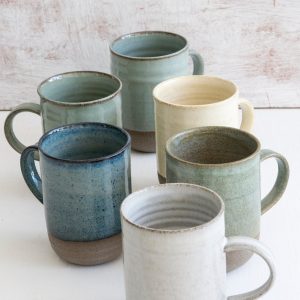 Set of Six Colorful Pottery Coffee Mugs